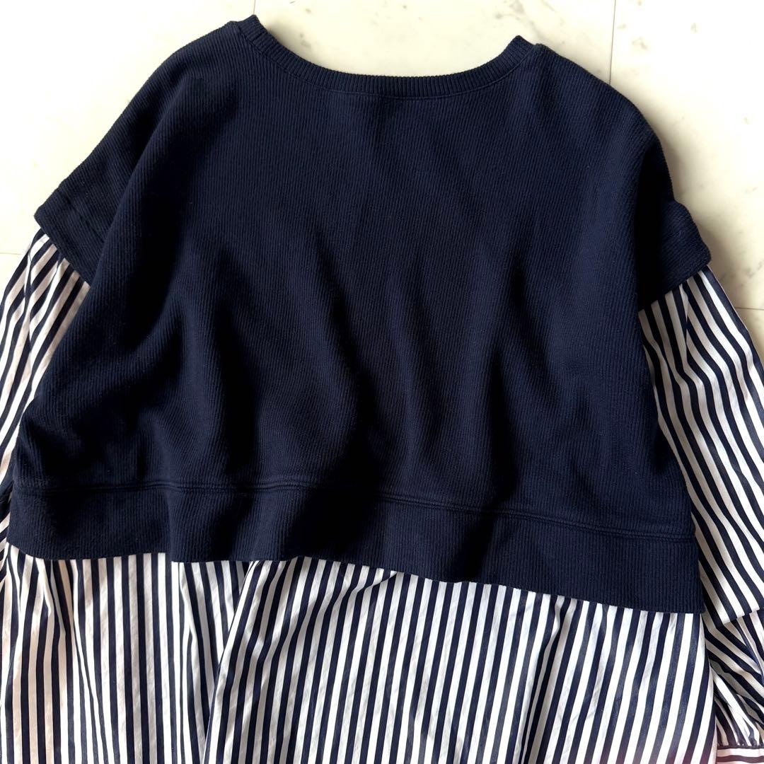 美品 レリアン 大きいサイズ17＋ ドッキングカットソー×ストライプシャツ 紺