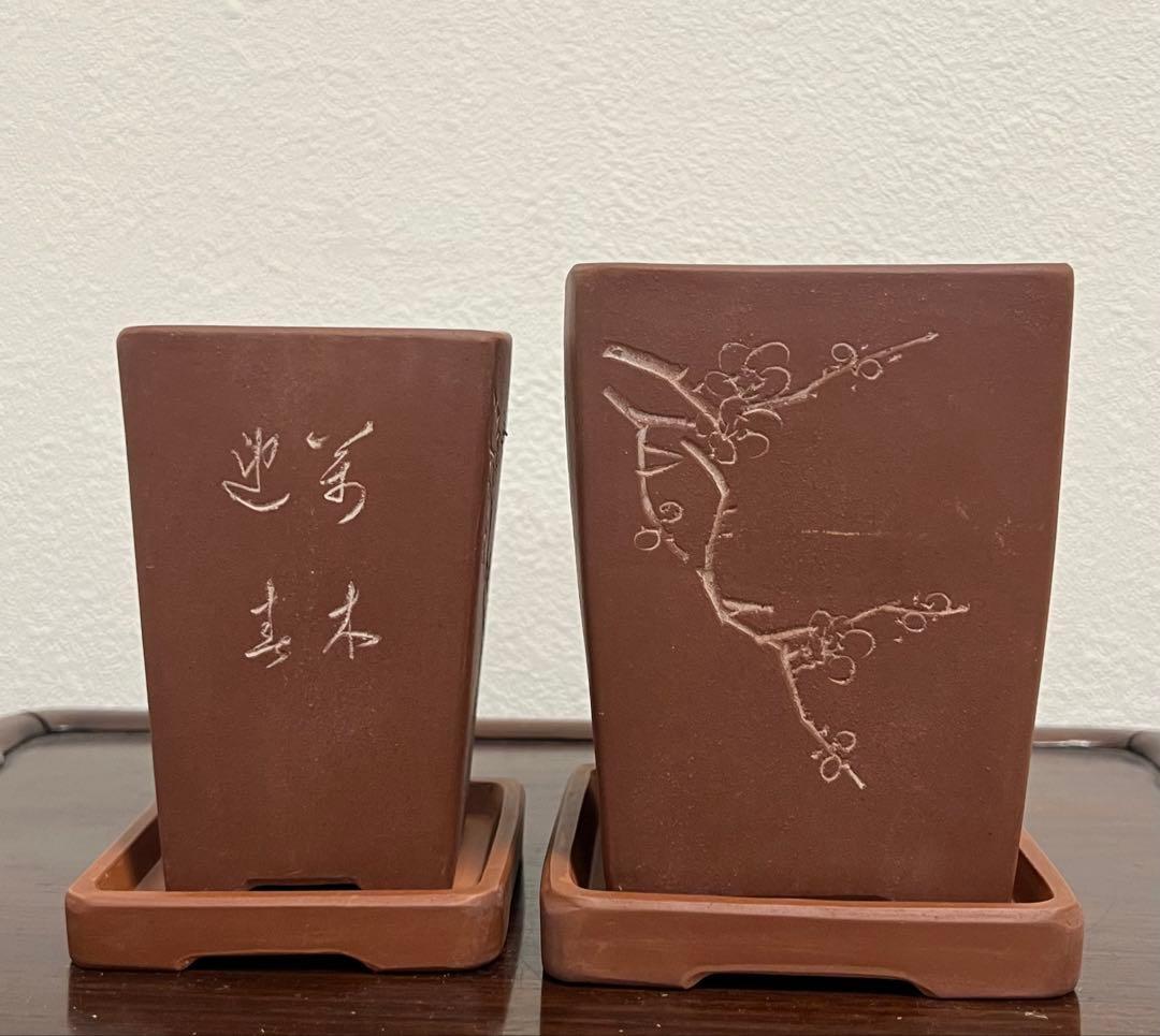 中国美術 紫砂盆栽鉢植木鉢 梅蘭竹紋樣四角紫砂鉢 紅雨刻 萬木迎春 千枝競放