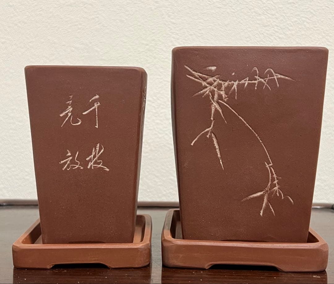 中国美術 紫砂盆栽鉢植木鉢 梅蘭竹紋樣四角紫砂鉢 紅雨刻 萬木迎春 千枝競放