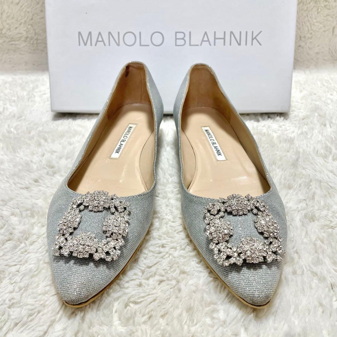 箱付 MANOLO BLAHNIK マノロブラニク ハンギシ グリッターフラット