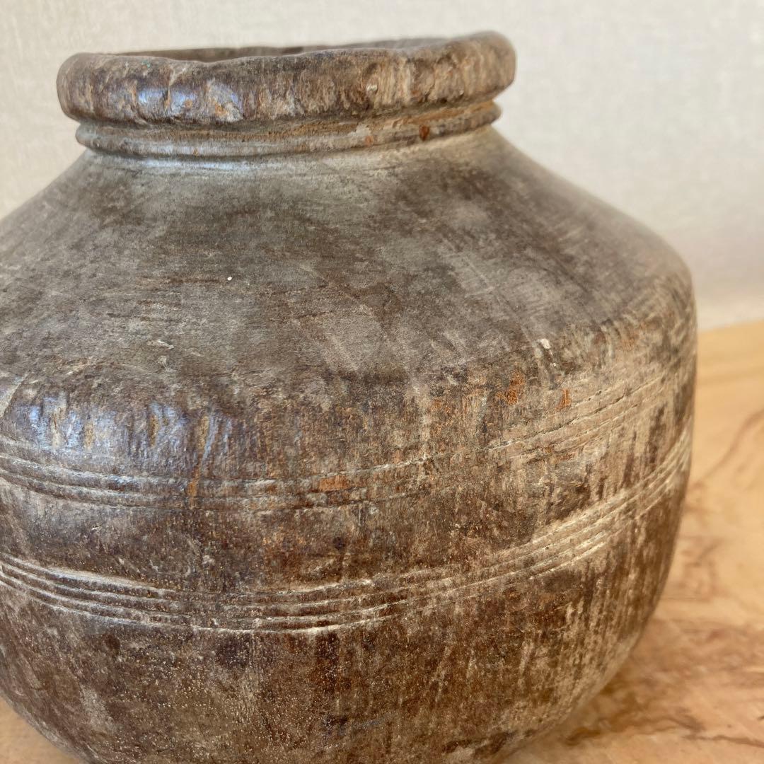 インド　木製のポットB　木工品　古道具坂田　古物　骨董　フラワーベース　花瓶