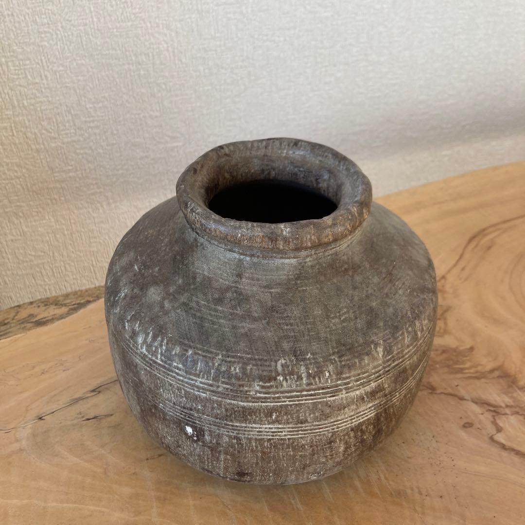 インド　木製のポットB　木工品　古道具坂田　古物　骨董　フラワーベース　花瓶