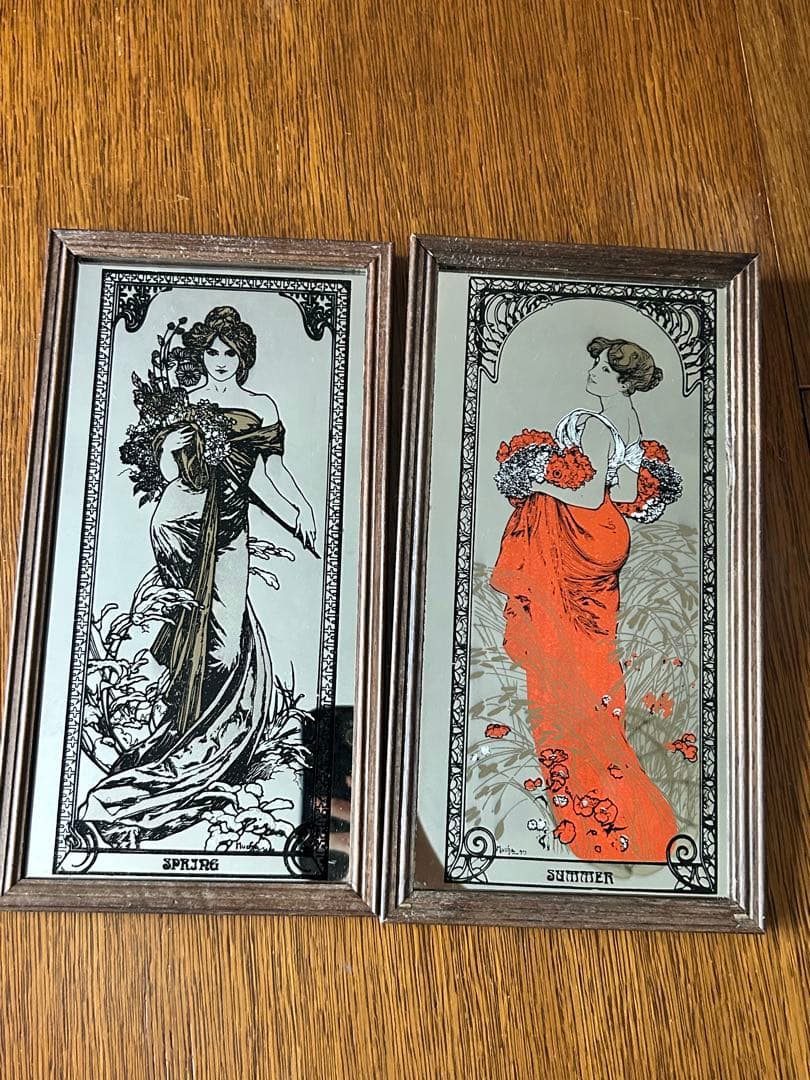 英国　ヴィンテージ 木製フレーム　ウォールミラー　サマー　スプリング　2枚