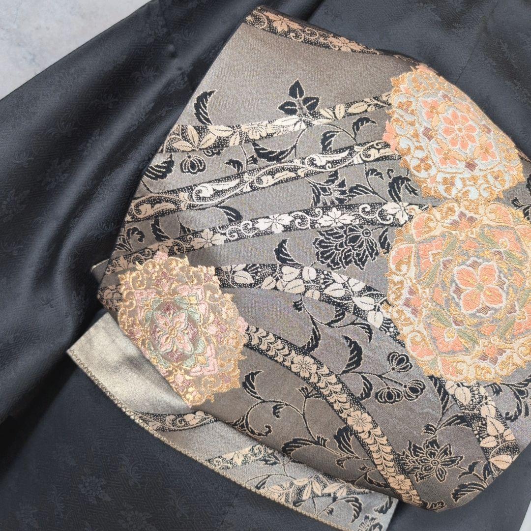 訪問着　フルセット　着物　正絹　黒　トールサイズ　花　金彩加工　B1