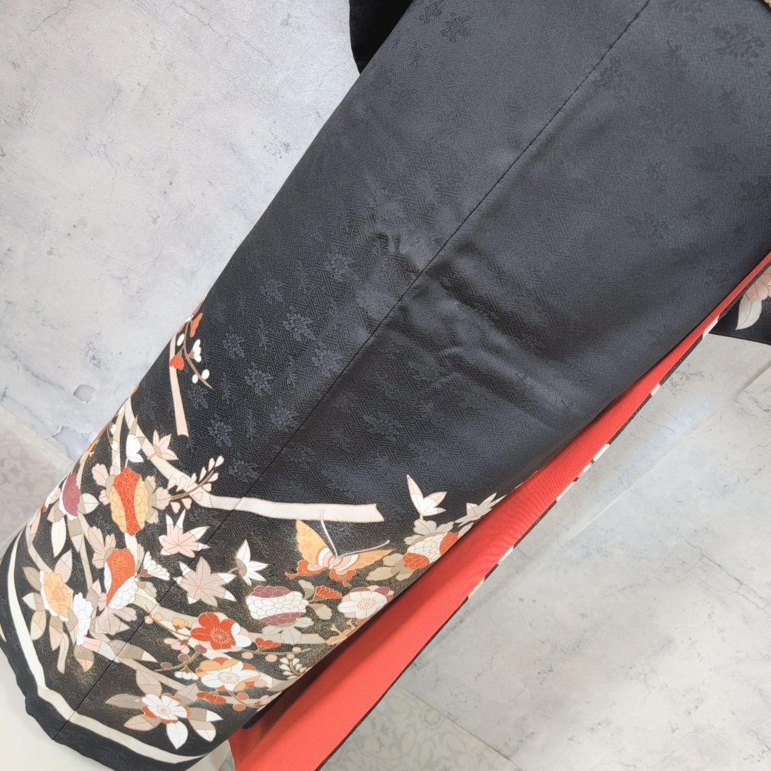 訪問着　フルセット　着物　正絹　黒　トールサイズ　花　金彩加工　B1