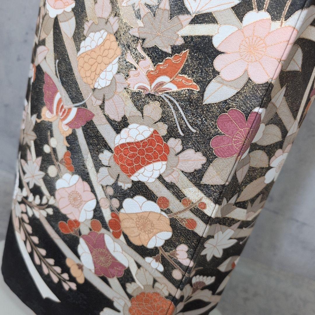 訪問着　フルセット　着物　正絹　黒　トールサイズ　花　金彩加工　B1