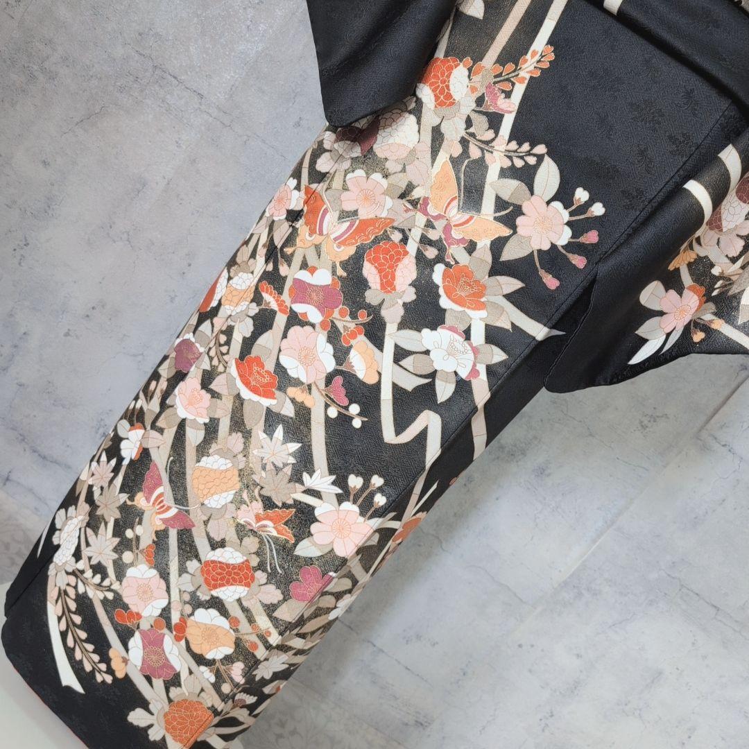 訪問着　フルセット　着物　正絹　黒　トールサイズ　花　金彩加工　B1