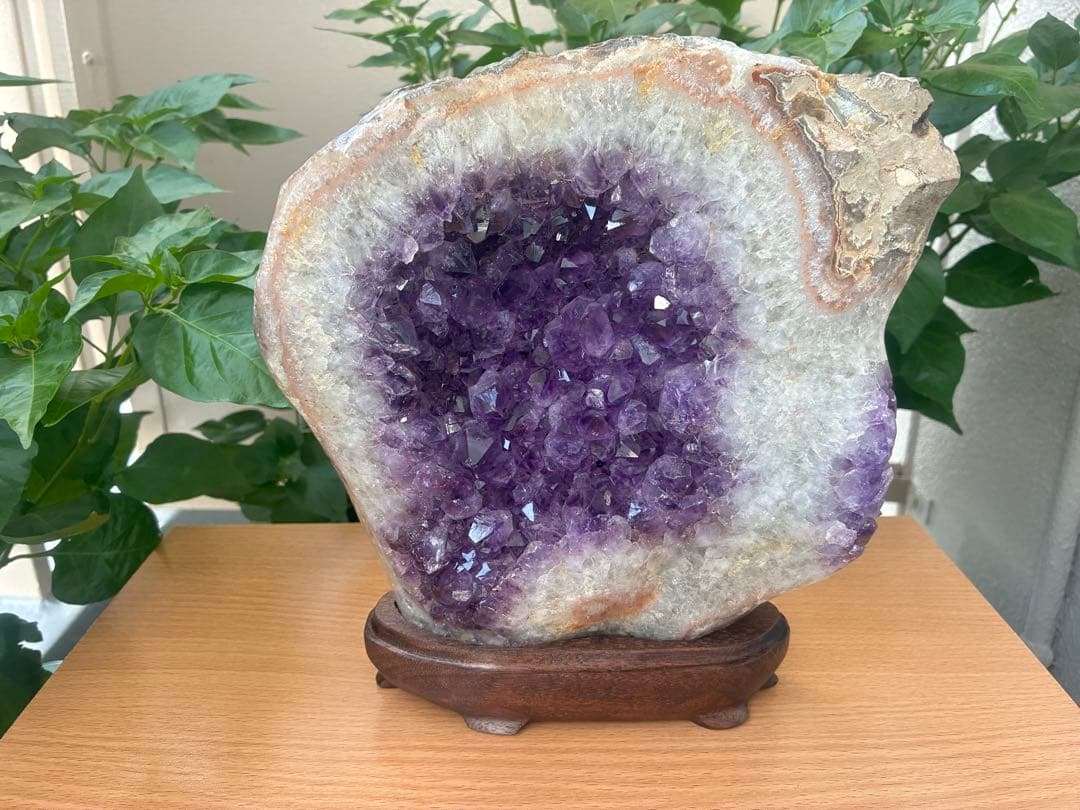 【アメジストクラスター】 無塗装銘木台座付き天然石 インテリア 寝かせて浄化