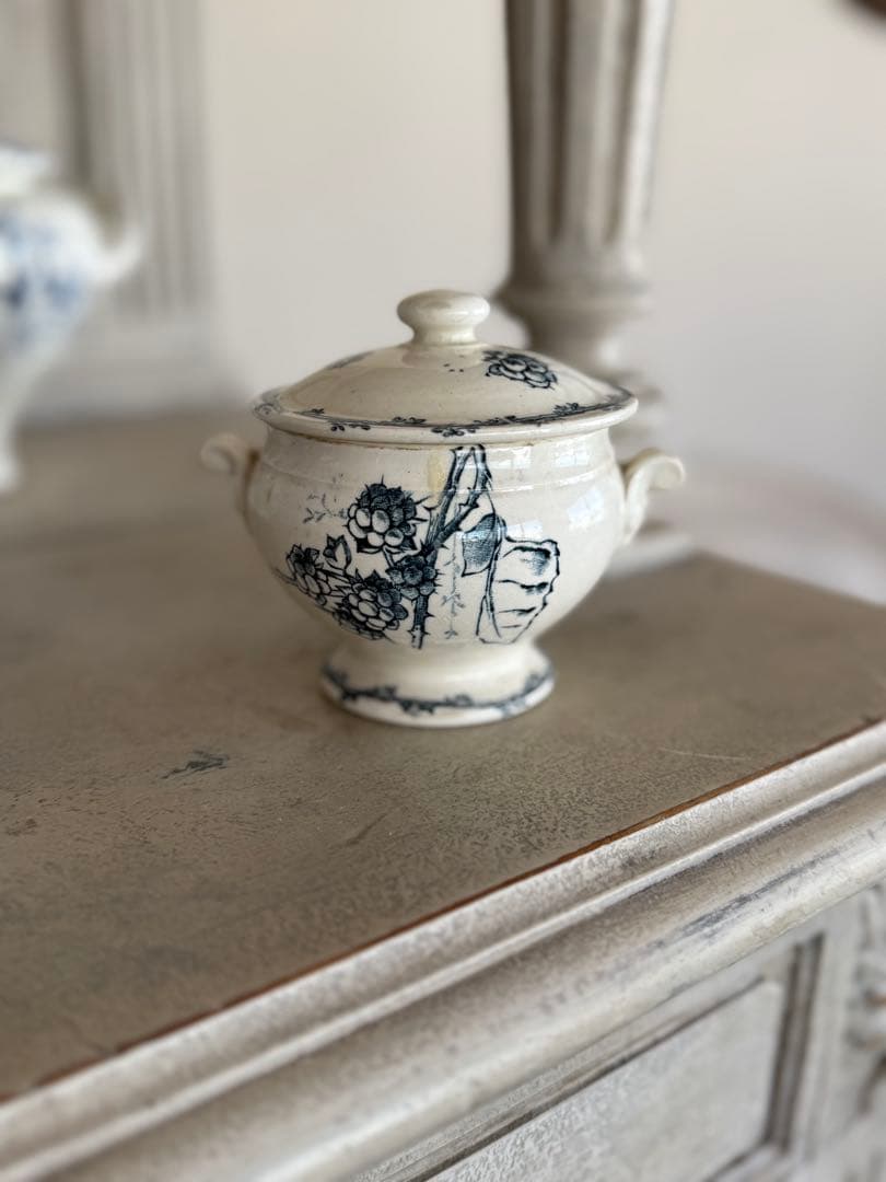 フランスアンティークデイネットおままごと陶器小鳥とベリー果実の絵柄スーピエール