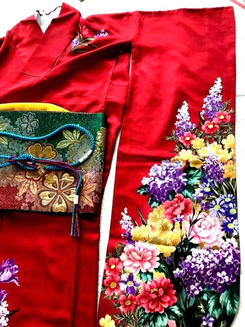 振袖 成人式 着物 赤 正絹 帯付き 式典 リメイク