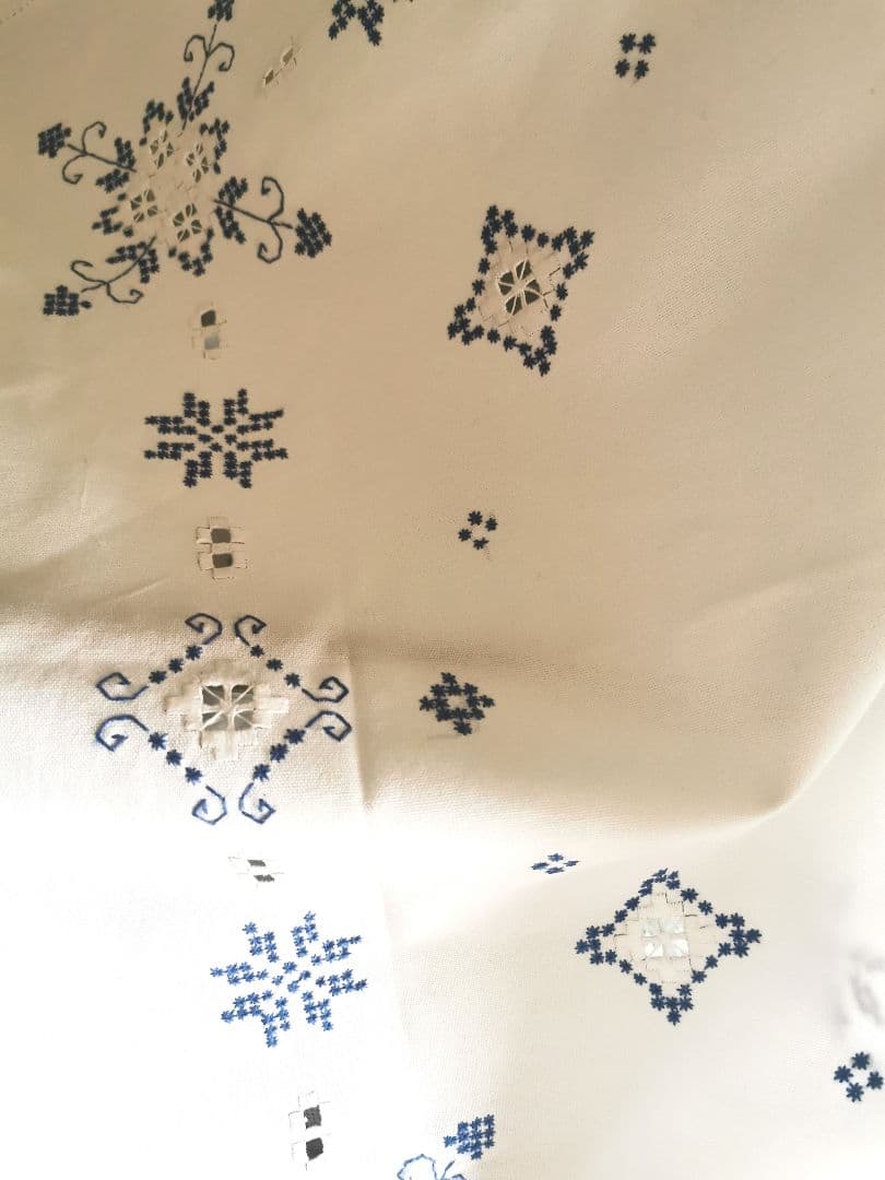 アンティーク 北欧ハーダンガーレース刺繍 大判クロス ブルーワーク✵ 雪の結晶