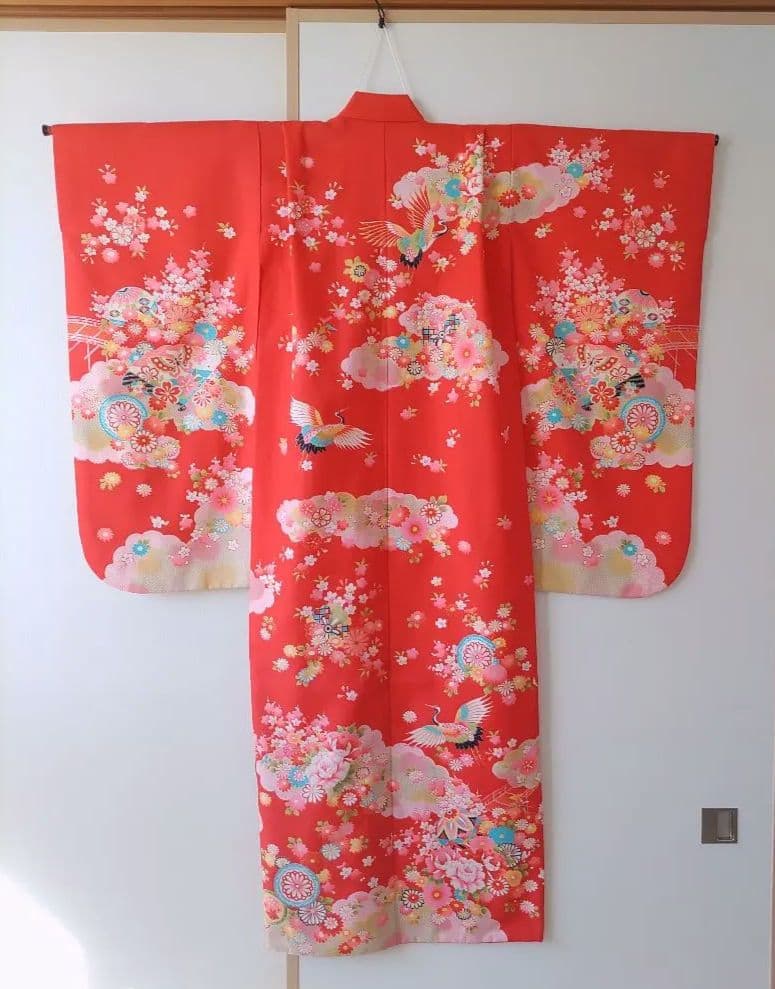 七五三用赤い花柄着物セット　フルセット　7歳　華やか　作り帯