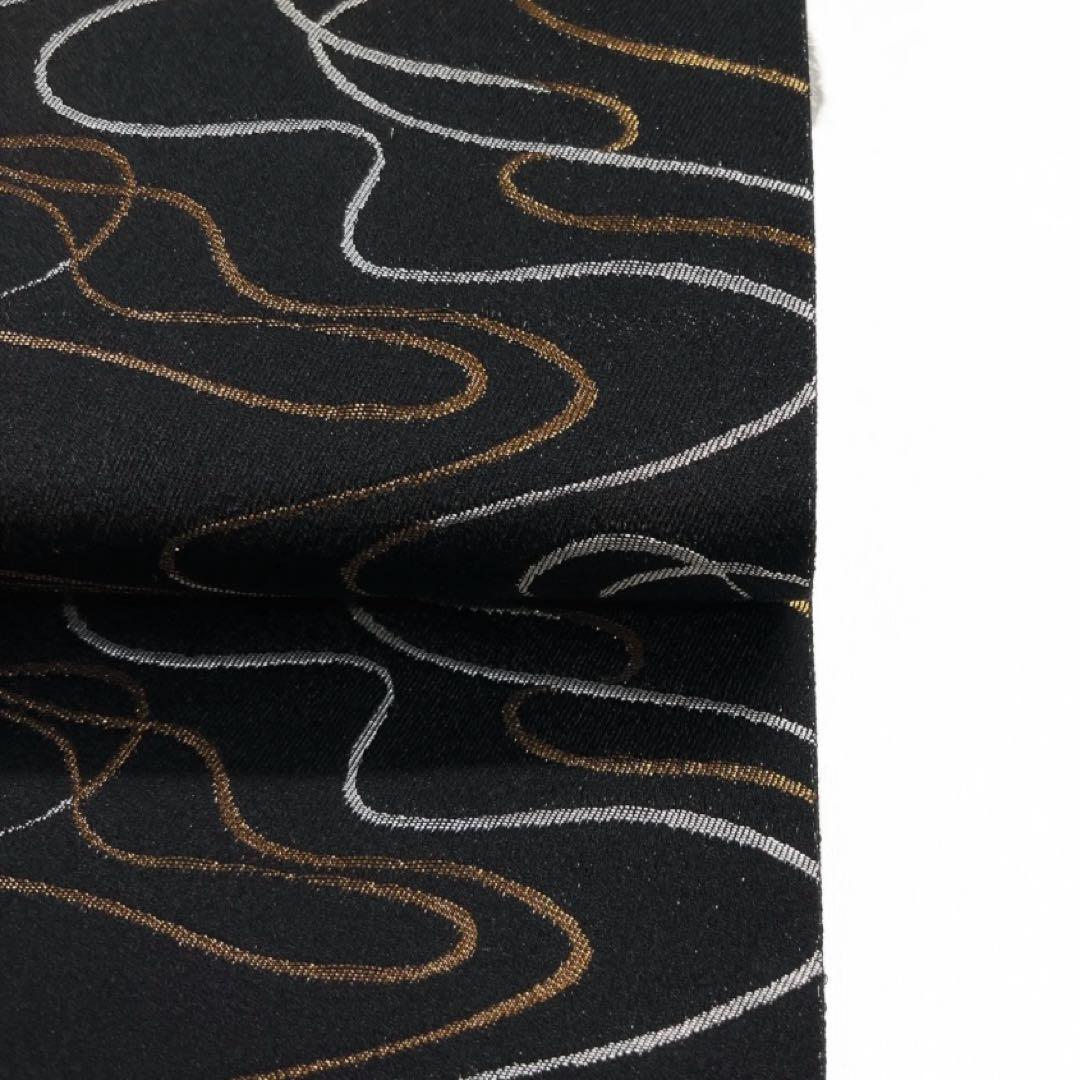 袋帯　全通　流線　渦巻き　シルバー　ブロンズ　黒地　着物　041a d