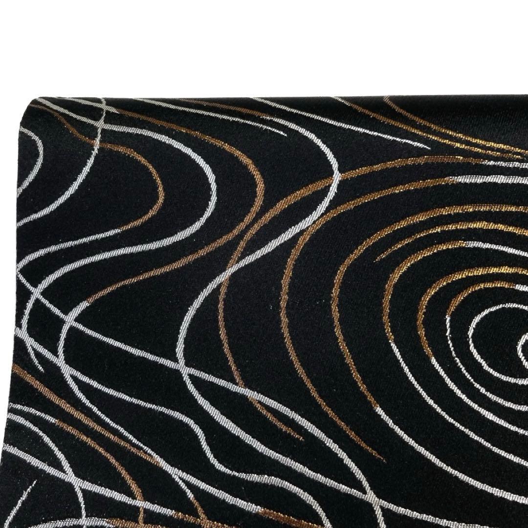 袋帯　全通　流線　渦巻き　シルバー　ブロンズ　黒地　着物　041a d