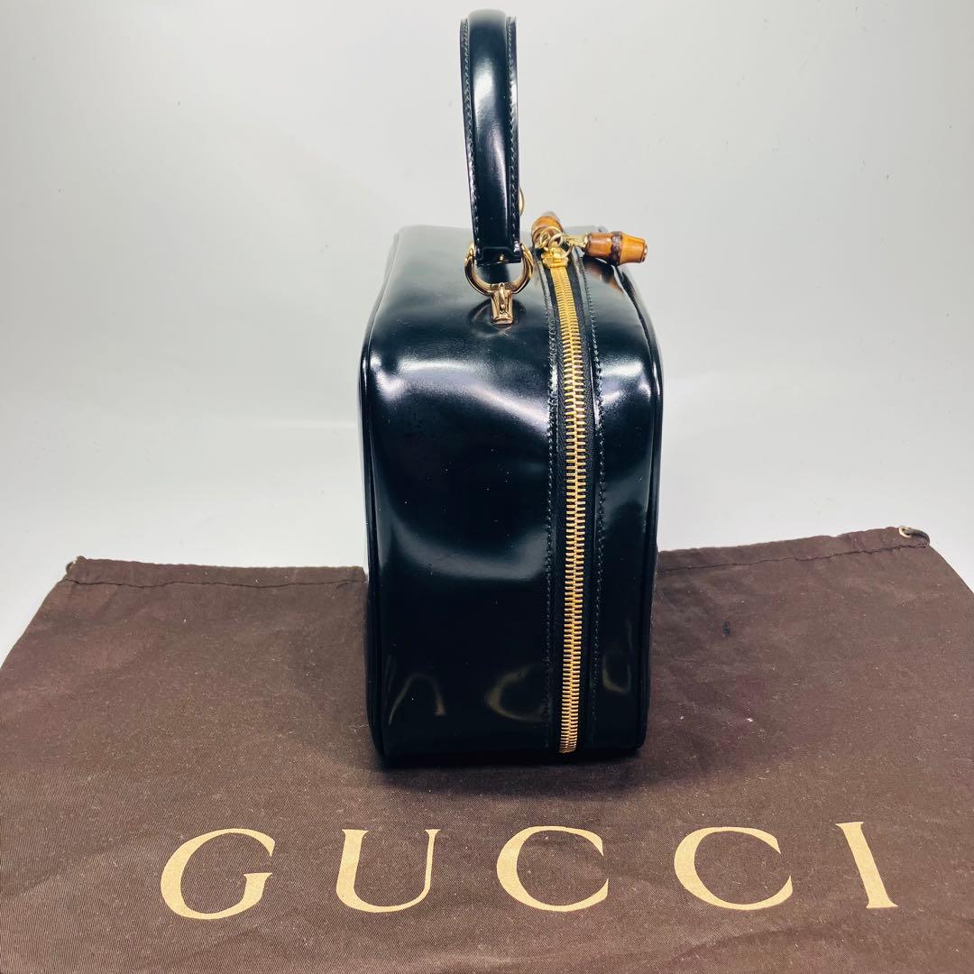 美品　グッチ2wayショルダーバニティバッグ　バンブーエナメルパテントレザー黒