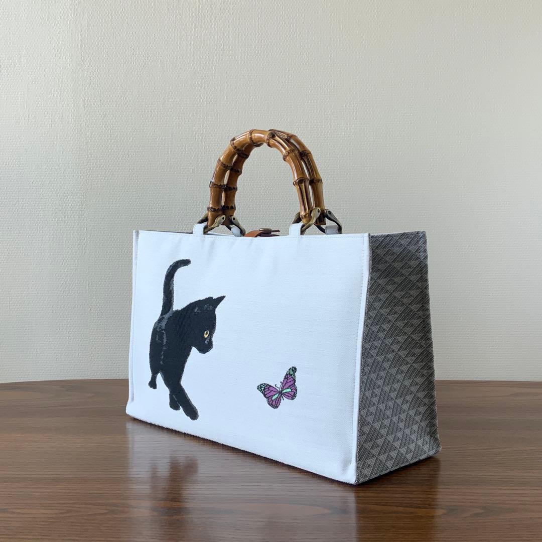 帯　猫と蝶々　リメイク　バンブーハンドルバッグ　浅型マチ広め