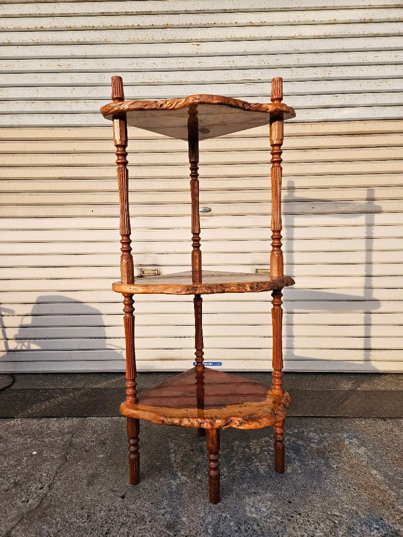 ヴィンテージ 花梨材 三段シェルフ ラック 唐木 飾り棚 花台 玉杢 瘤棚 木製