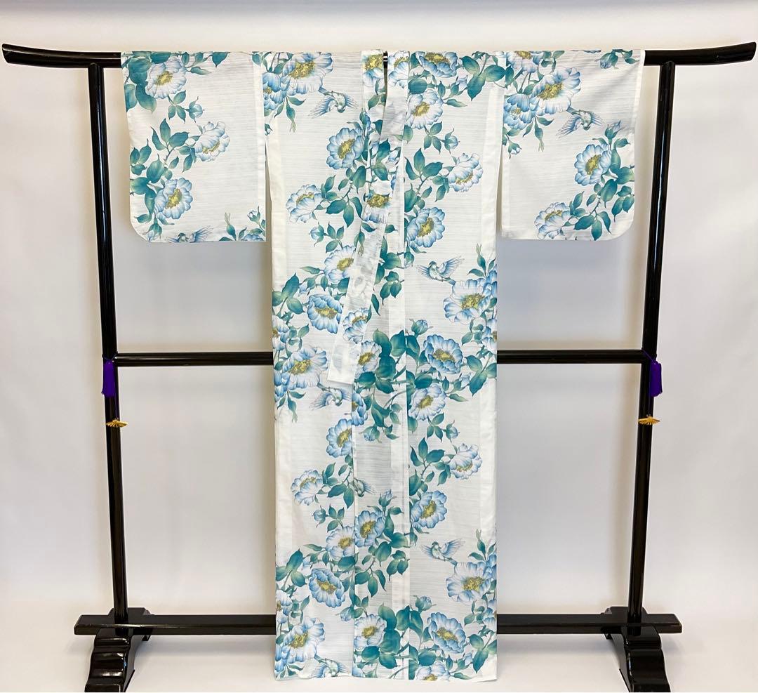 古今　綿絽浴衣　大胆で美しい野薔薇と綺麗なブルーバードの舞