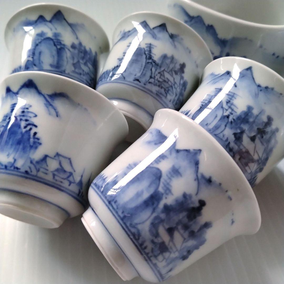 骨董 骨董品 呉須 染付 山水図 茶器揃 茶器 急須 湯冷まし 湯呑み 手描き