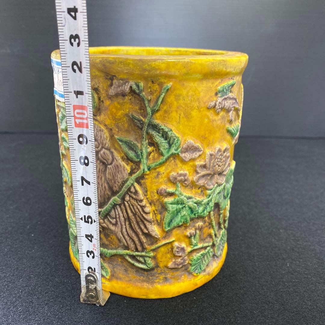 中国美術　雍正年製　花鳥図　筆筒　タルオ　高さ12.5㎝ 東里8-0130②