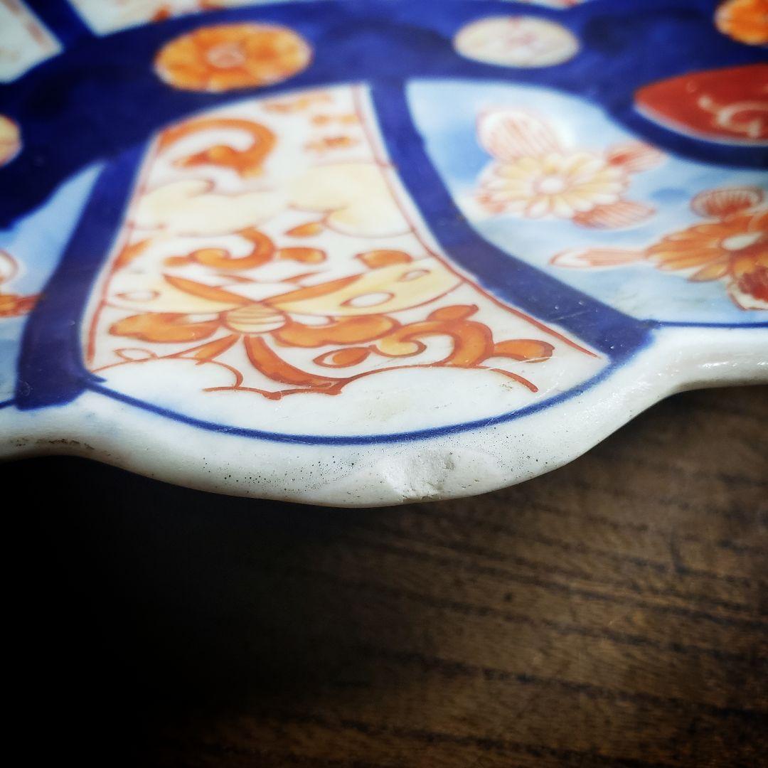 古伊万里　染付　赤絵　変形皿　貝型　蝙蝠　蝶　唐草　明治　訳あり