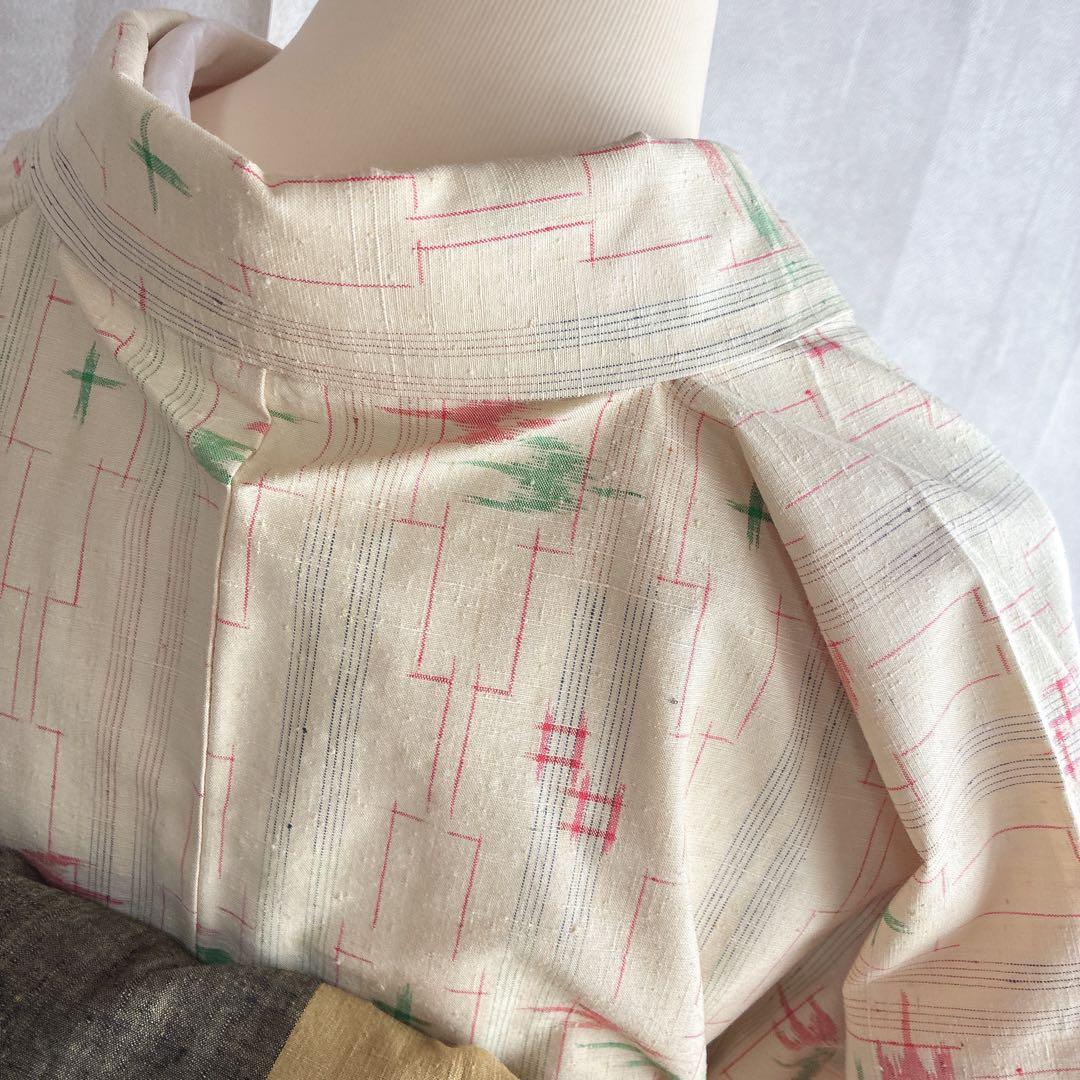 小紋　フルセット　着物　紬　トールサイズ　正絹　琉球絣柄　ナチュラル　J2 2月