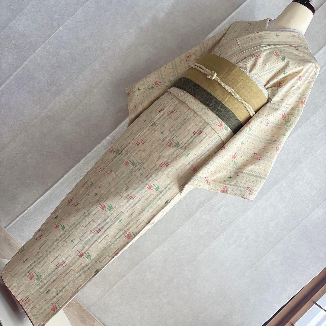 小紋　フルセット　着物　紬　トールサイズ　正絹　琉球絣柄　ナチュラル　J2 2月