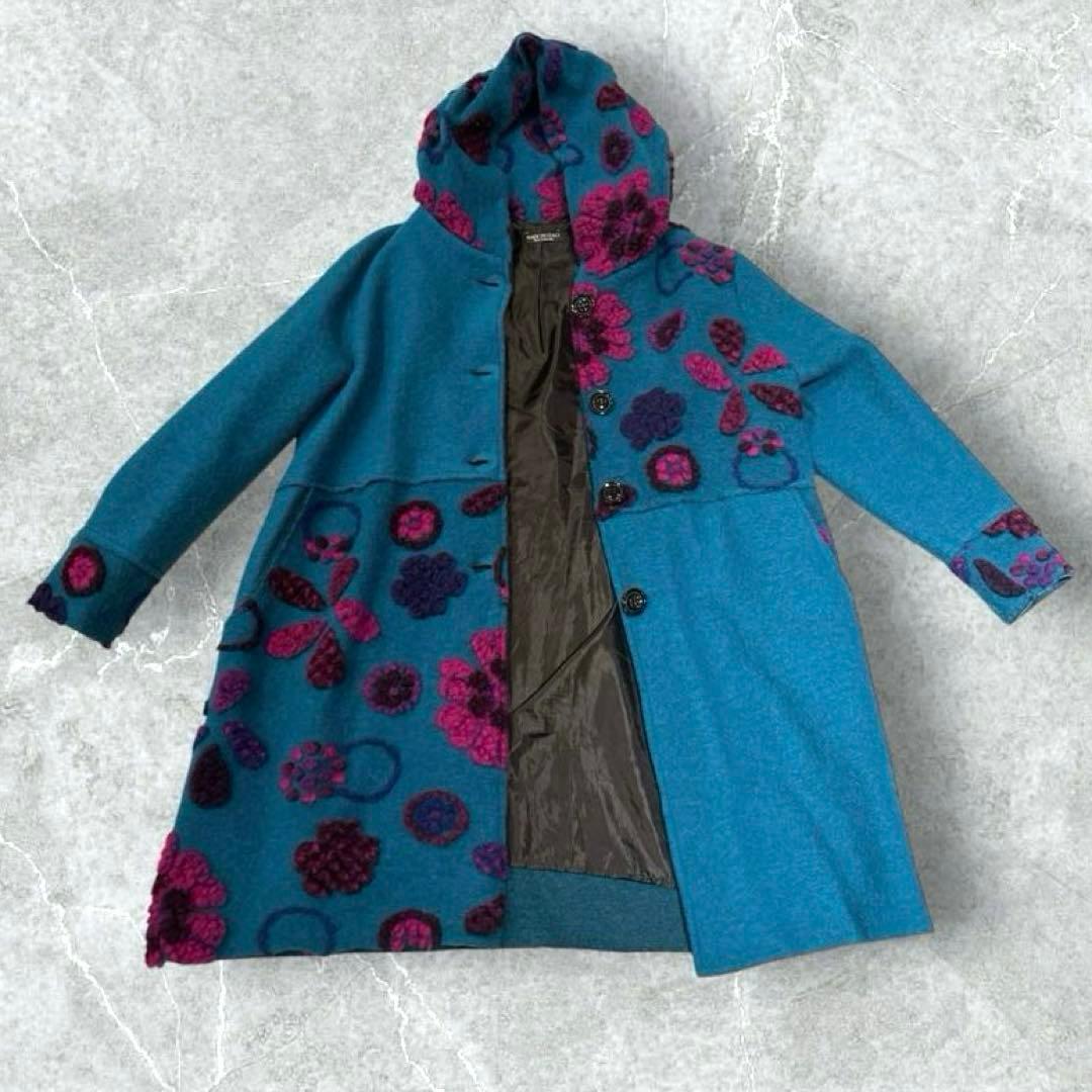 イタリア製　パネルマルチ花柄圧縮ウールコート　スタンド襟　ミドル丈　ターコイズ