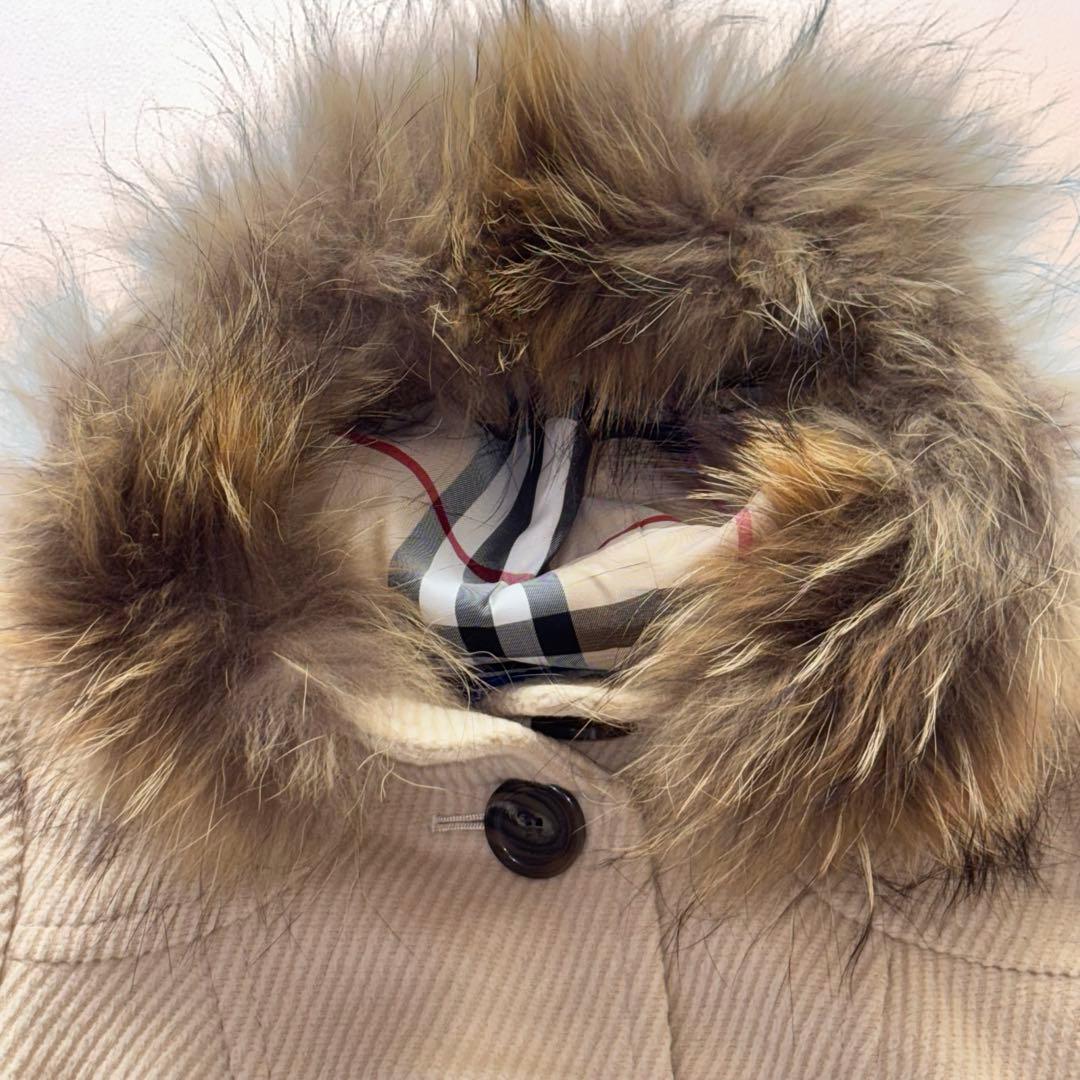 バーバリーブルーレーベル ノバチェック ウールコート アンゴラ混 リアルファー