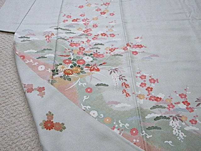 訪問着：美品-藤・桔梗・桜と菊・梅・淡いミントグリーン：袷正絹：N89