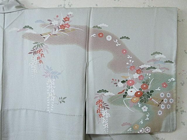 訪問着：美品-藤・桔梗・桜と菊・梅・淡いミントグリーン：袷正絹：N89