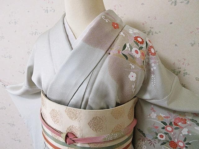 訪問着：美品-藤・桔梗・桜と菊・梅・淡いミントグリーン：袷正絹：N89