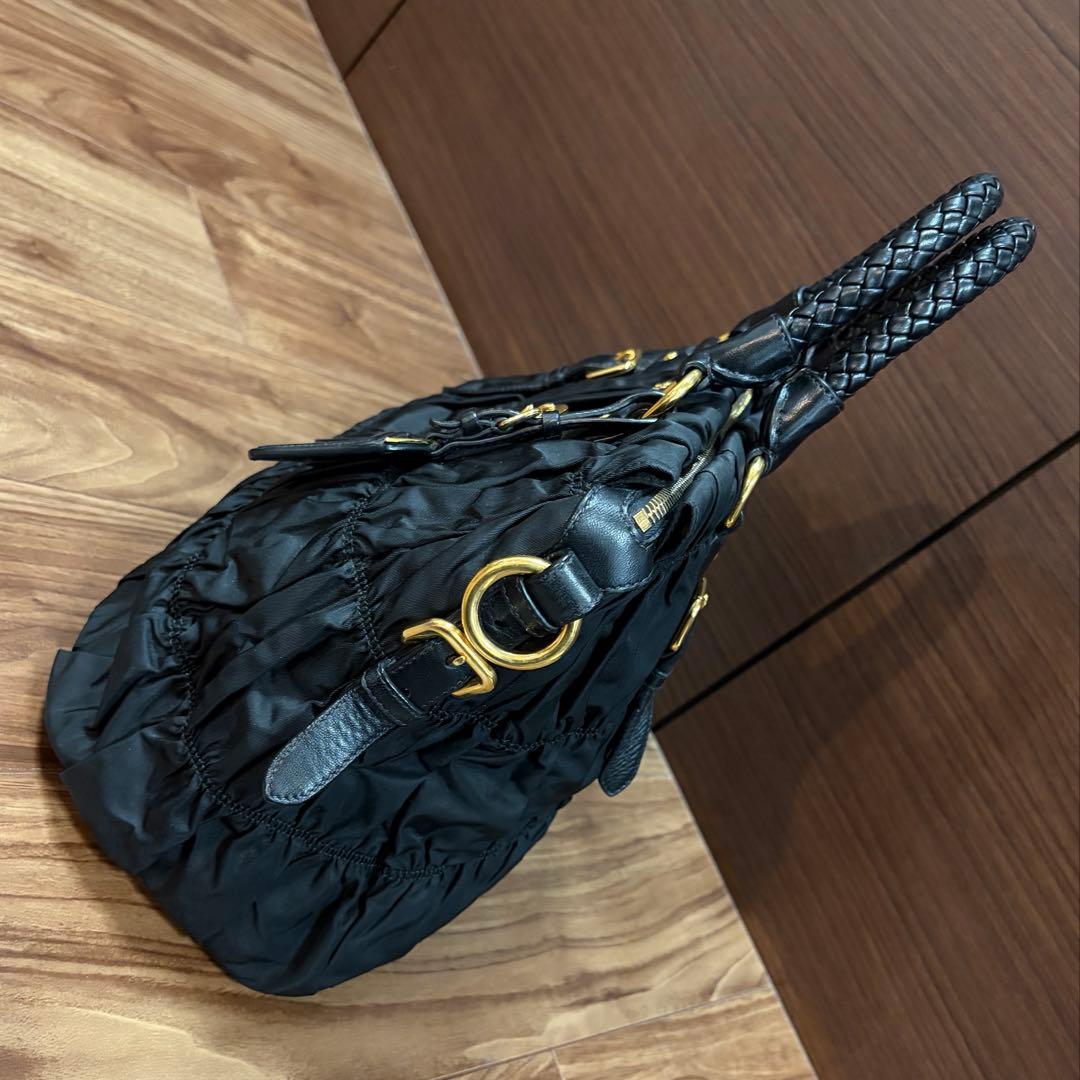 S58　美品PRADA プラダ ギャザー ハンドバッグ 2WAYショルダー