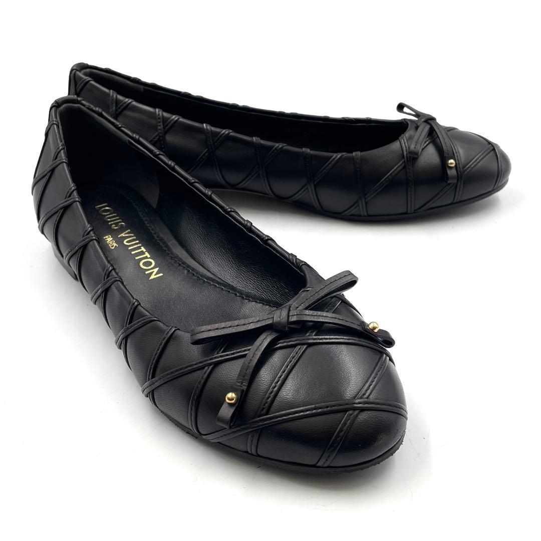 《未使用級》ルイヴィトン フラット リボン パンプス レザー 黒系 36 1/2