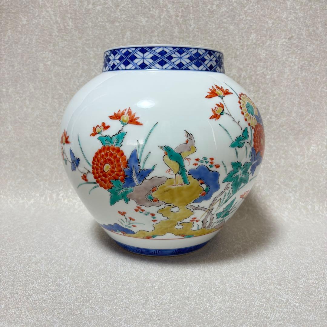 人間国宝 十三代 酒井田柿右衛門 花瓶 染錦 牡丹鳥文 共箱 有田焼