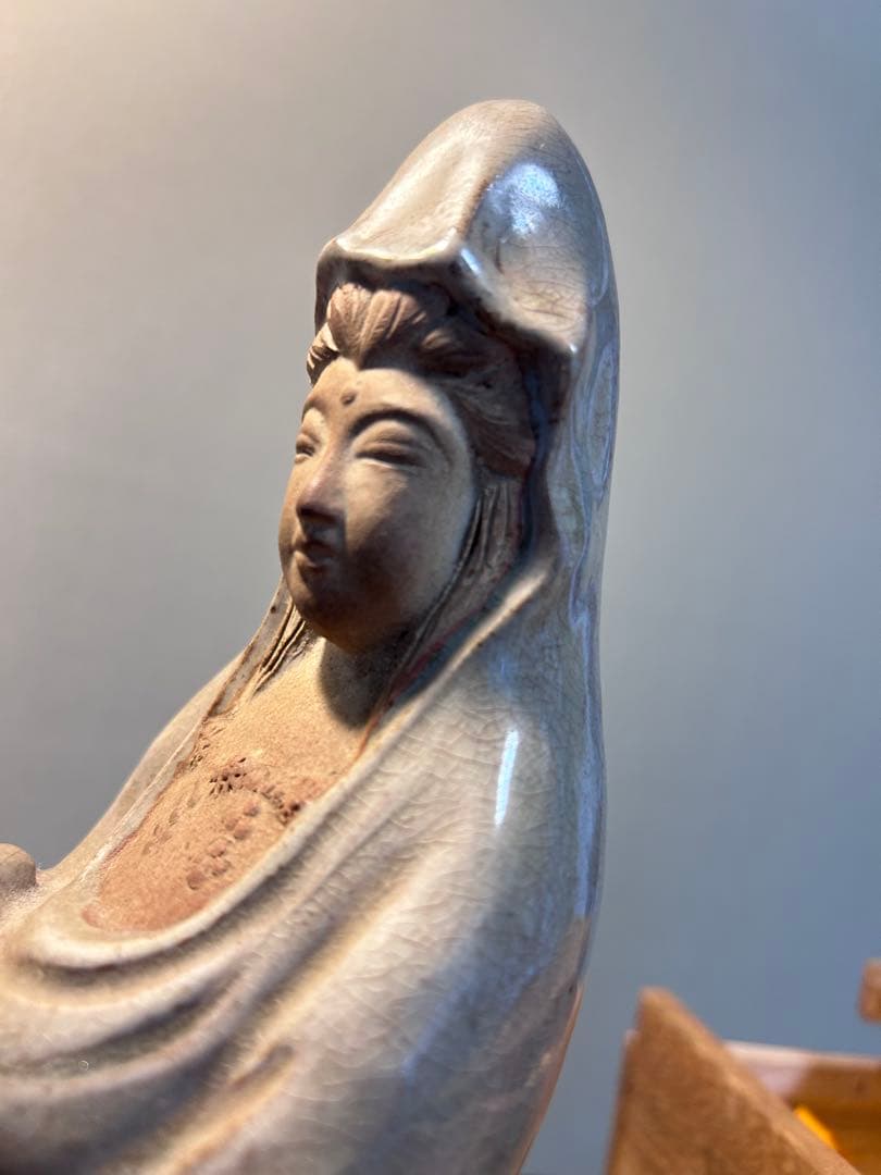 萩焼　大和松緑（大和吉孝）作 観音菩薩立像　元窯　観音置物　共箱付