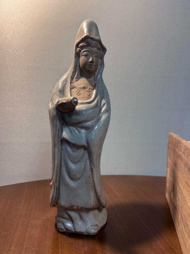 萩焼　大和松緑（大和吉孝）作 観音菩薩立像　元窯　観音置物　共箱付