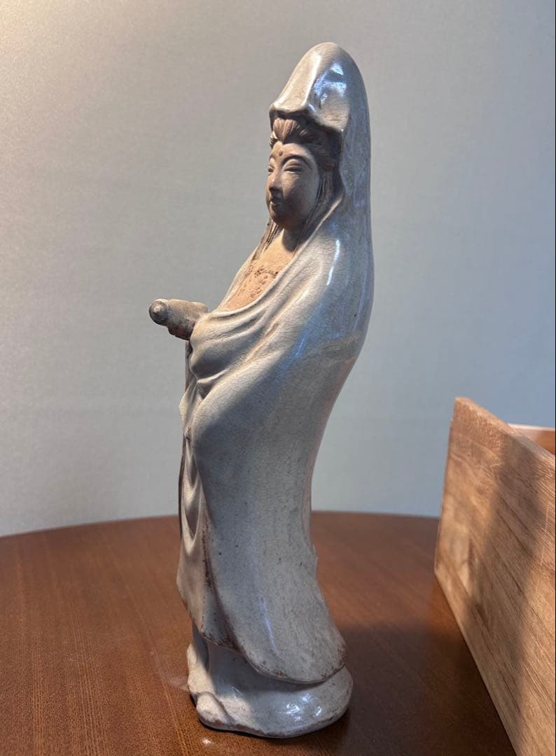 萩焼　大和松緑（大和吉孝）作 観音菩薩立像　元窯　観音置物　共箱付