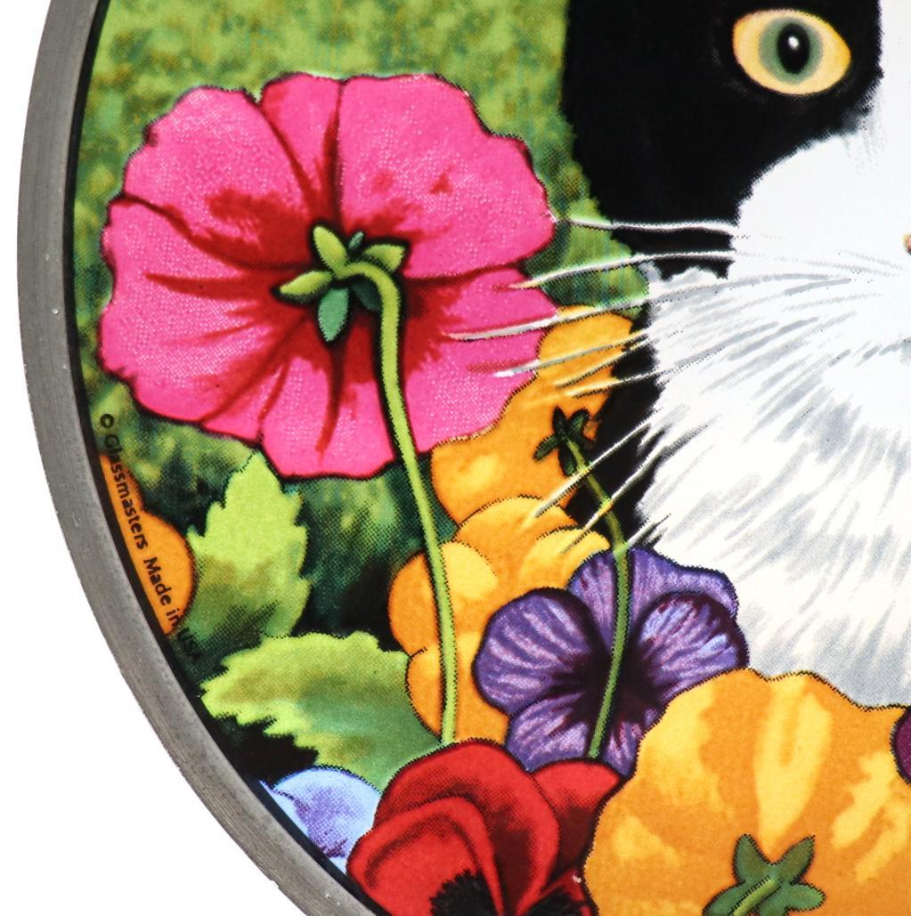 カラフルな花に囲まれた猫 ヴィンテージ ステンドグラス ローウェル・エレーロ