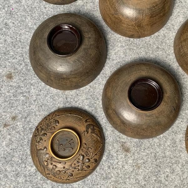 会津塗鉄錆塗木製蒔絵富士山吸物椀4個[B34144]