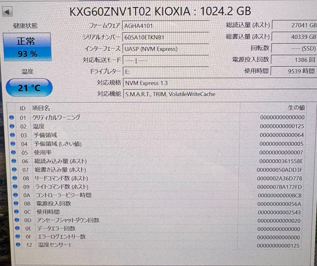 KIOXIA NVMe SSD 1TB（KXG60ZNV1T02）M.2