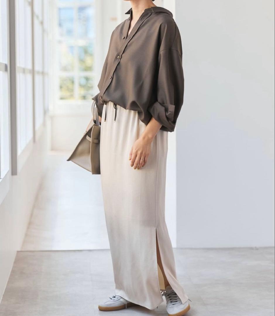 新品:完売品 スピックアンドスパン　ウールライクヘムギャザーシャツ　ブラウン