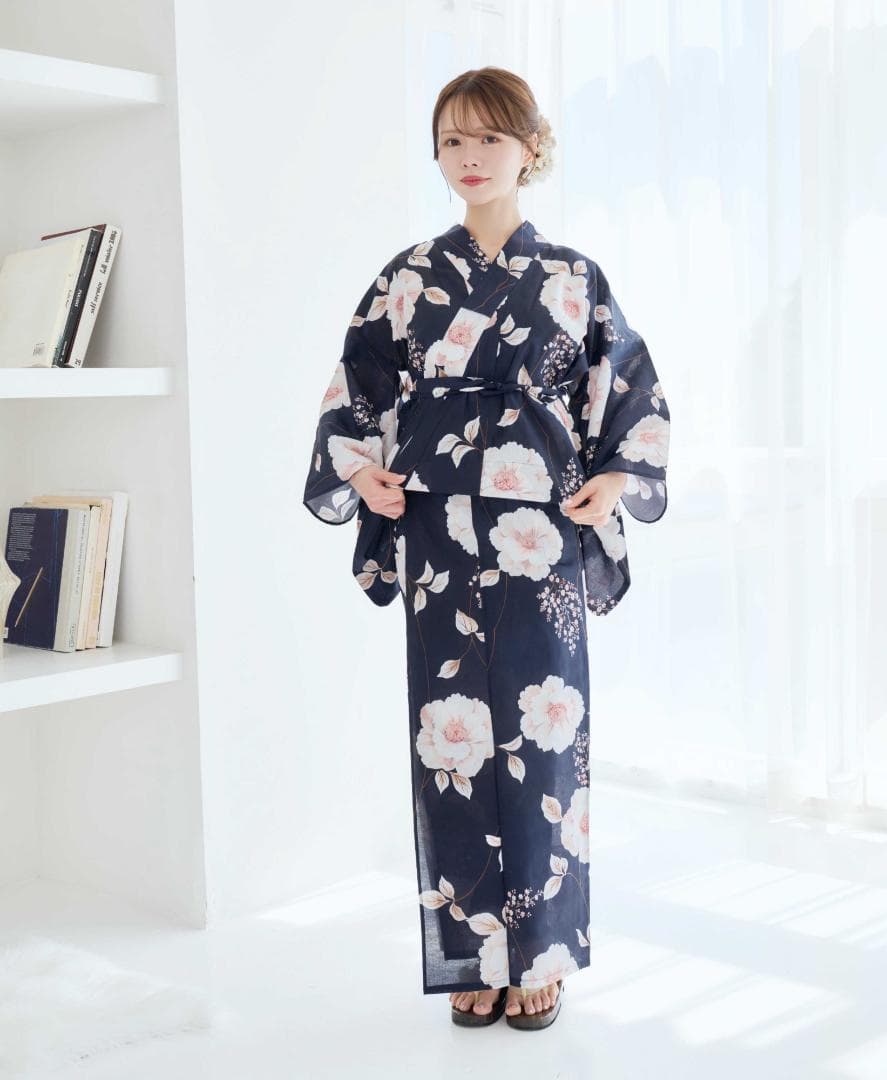 二部式浴衣 セパレート浴衣 3点set 珊瑚色の花あそび 濃紺地 Y5-23-2
