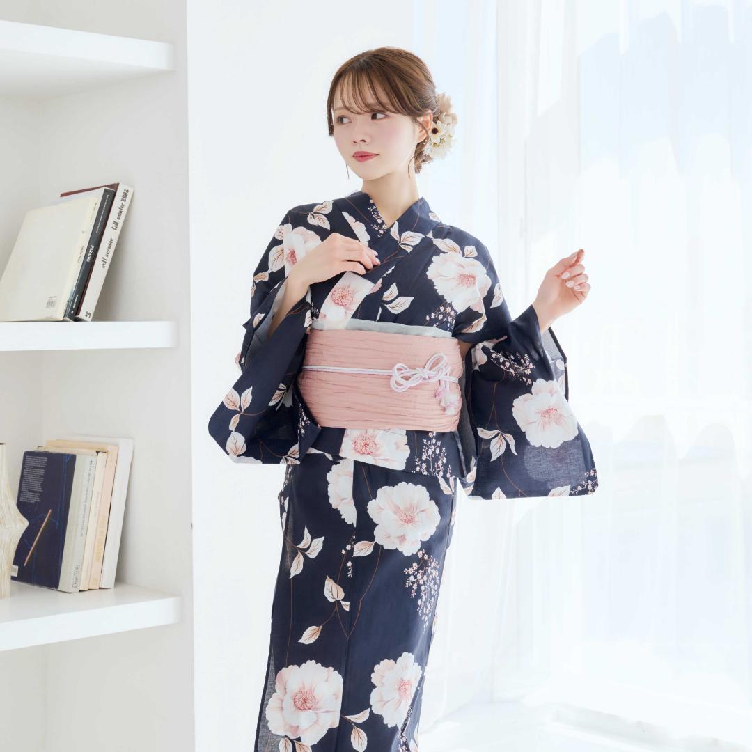 二部式浴衣 セパレート浴衣 3点set 珊瑚色の花あそび 濃紺地 Y5-23-2