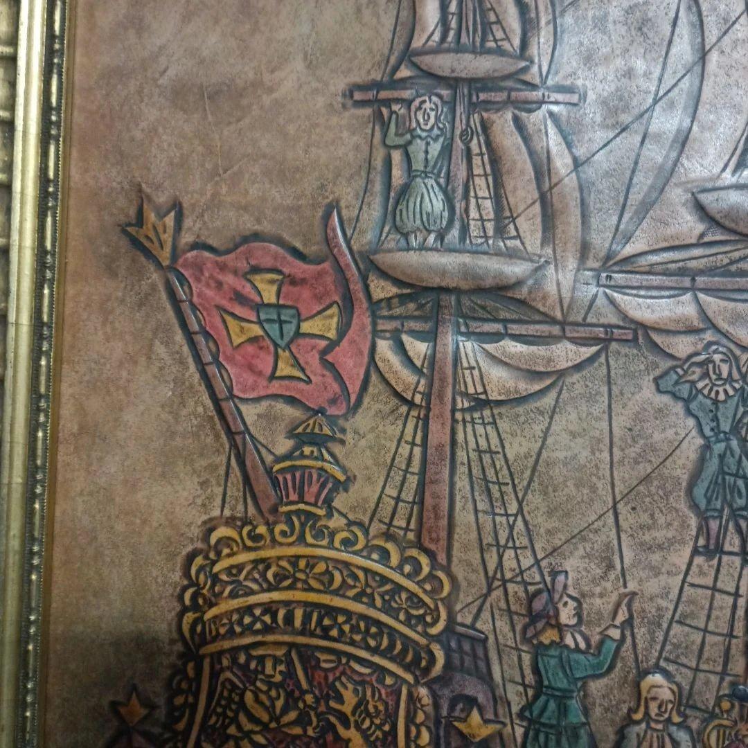 5678) 栗原千鶴子 南蛮船　革細工の絵画　画家の解説あり