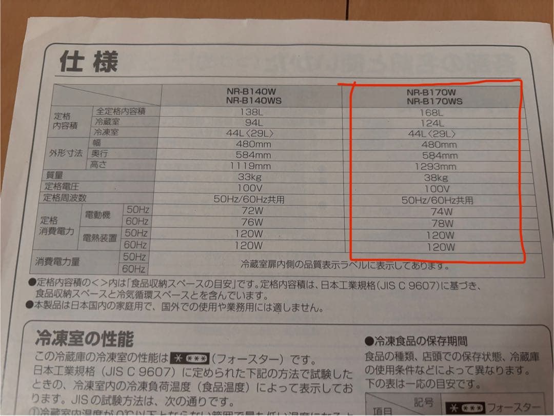 ナショナル（Panasonic） NR-B170WS 冷凍冷蔵庫 168L