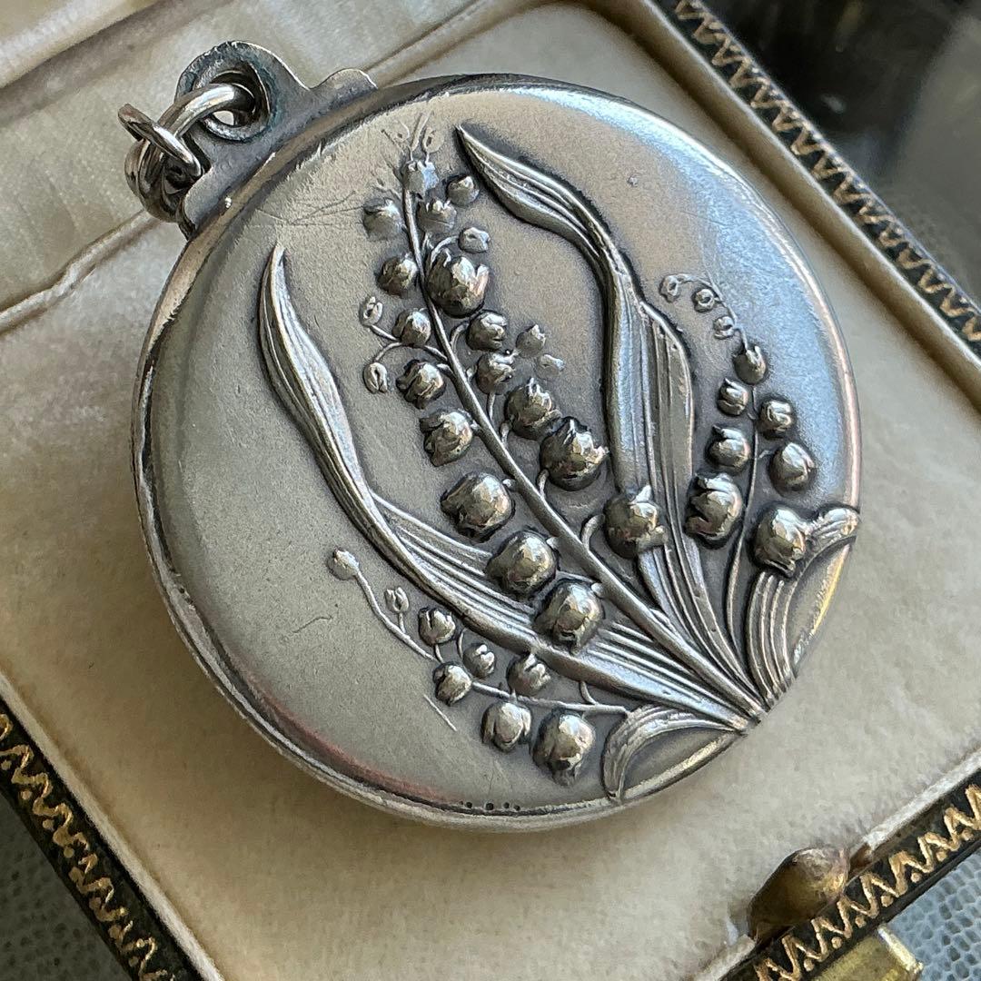 フランスアンティーク　すずらん　ミラー付きペンダントトップ　シャトレーン　鈴蘭