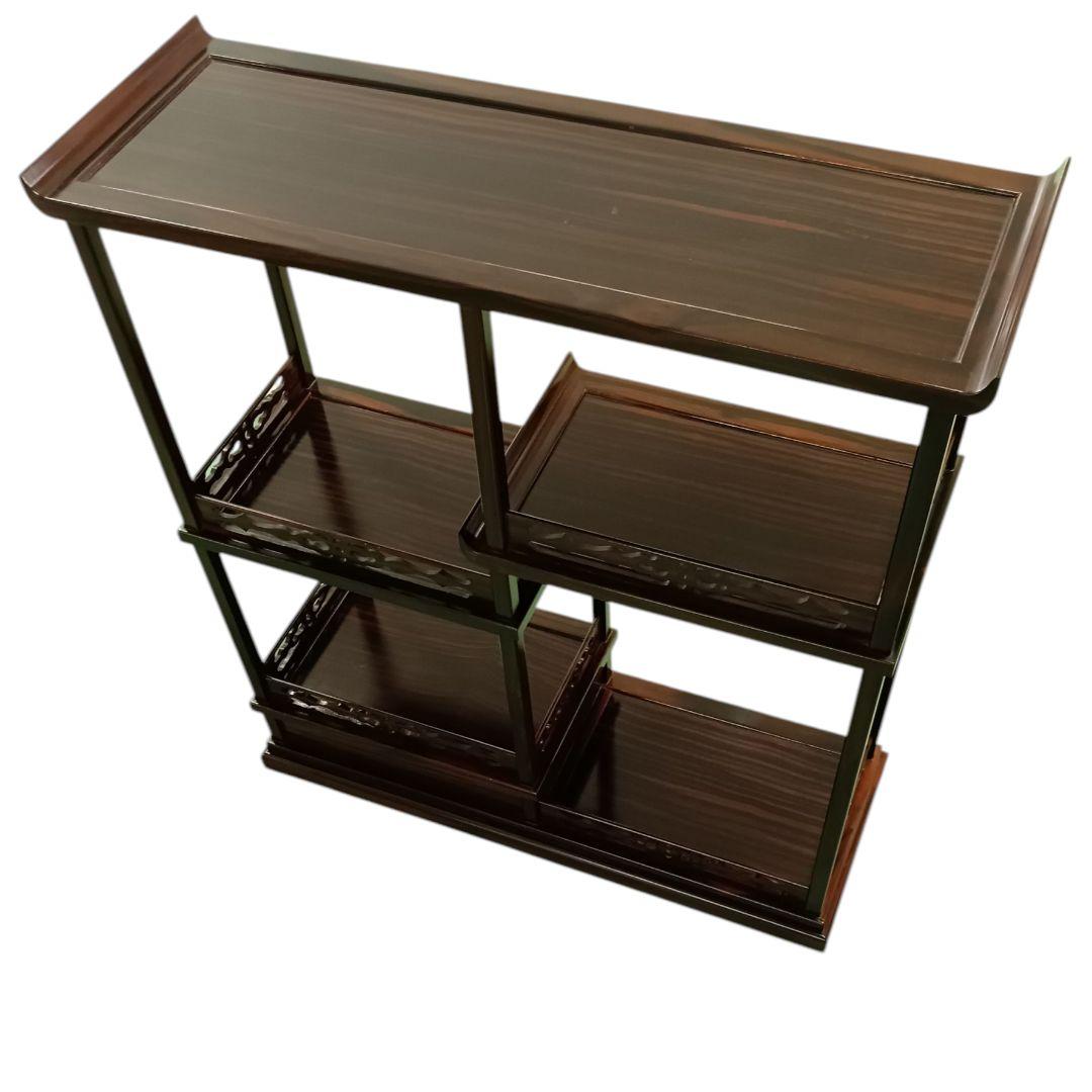 小ぶり 黒檀 黒丹 唐木 筆返し 透かし彫り 無垢 飾り棚