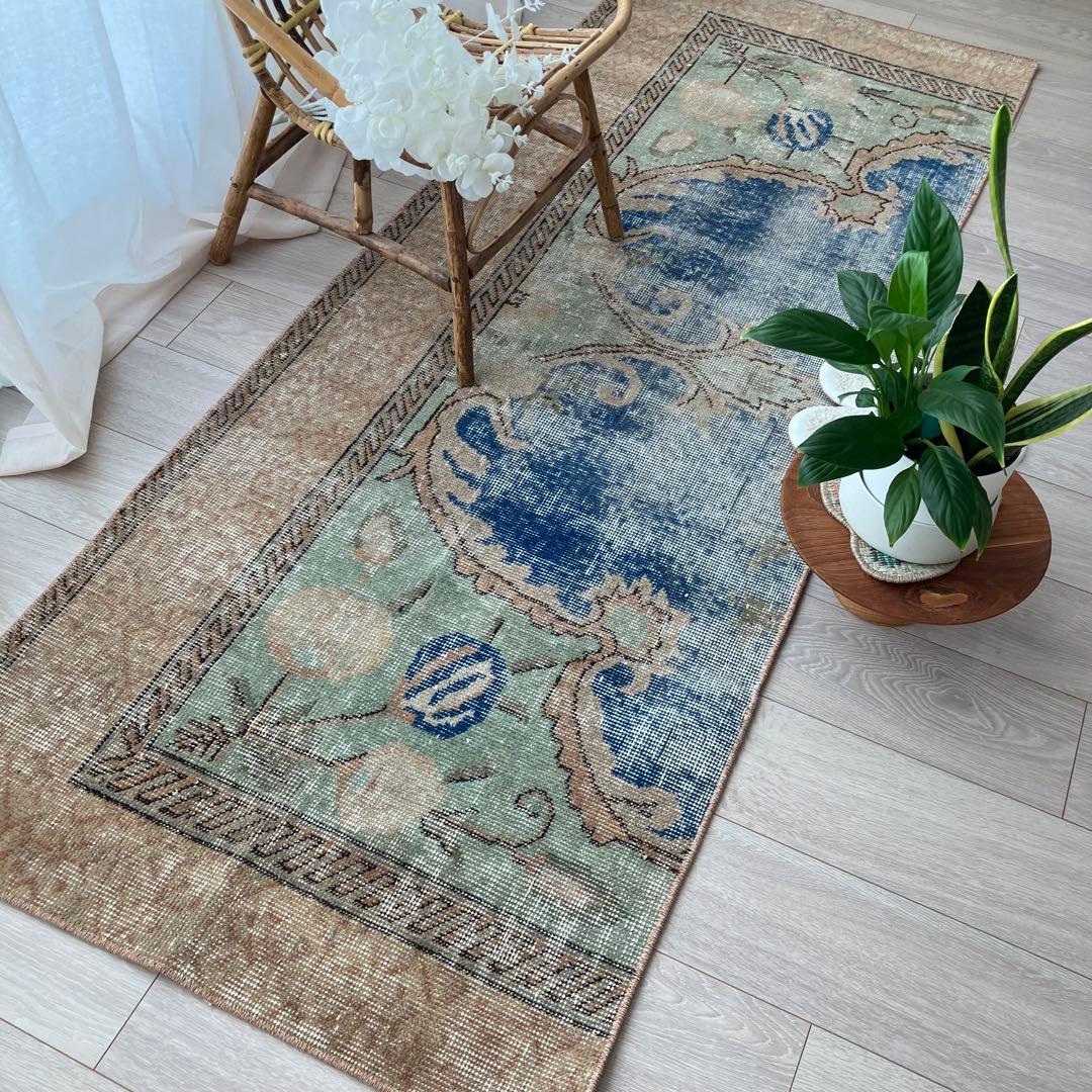 デニムブルー✳︎72×188 ベージュ　ロング　ランナー　トルコヴィンテージラグ