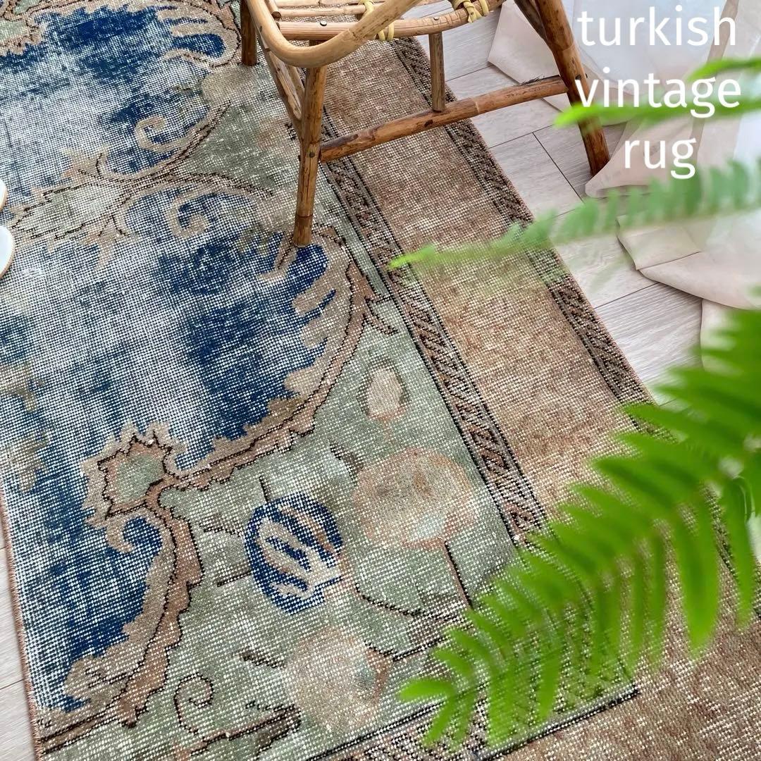 デニムブルー✳︎72×188 ベージュ　ロング　ランナー　トルコヴィンテージラグ